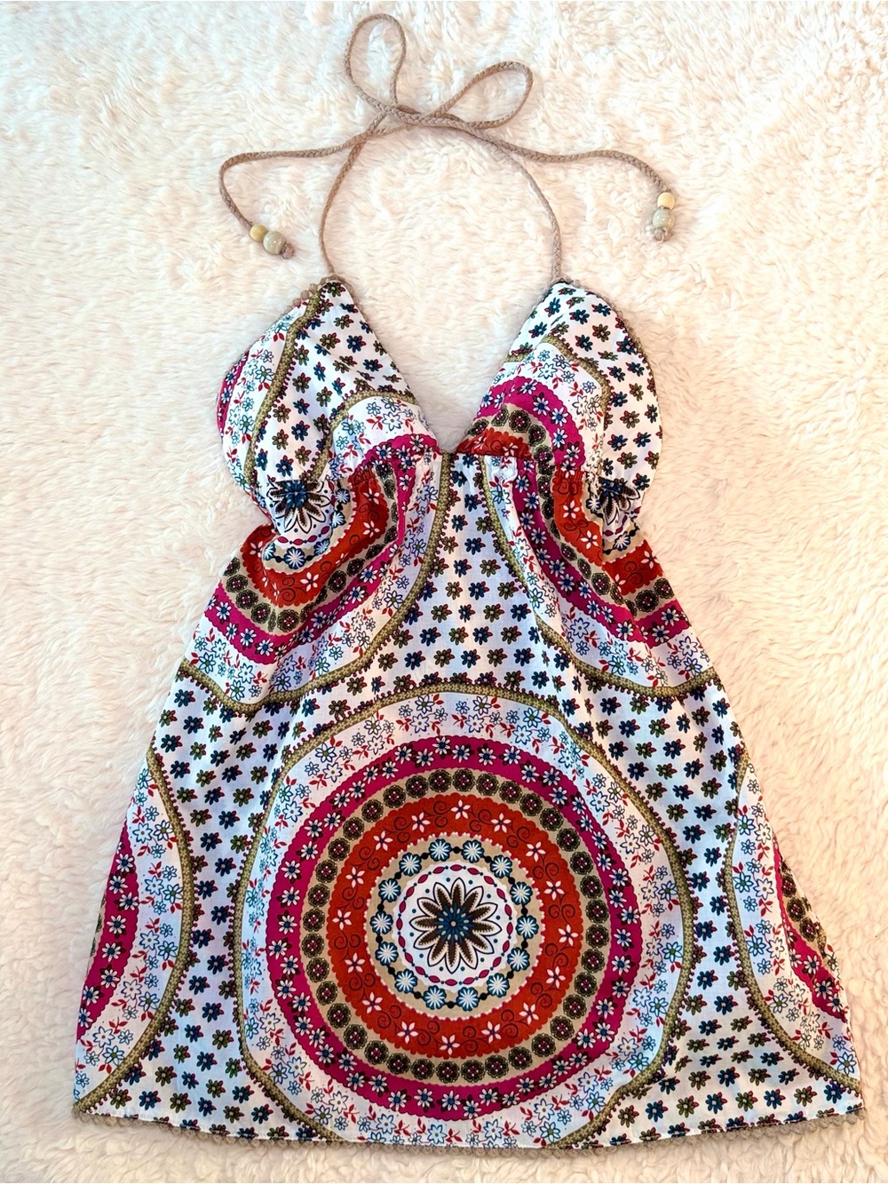 Y2K Vintage Self Esteem Boho Floral Paisley Halter Top Braided Beaded Straps S